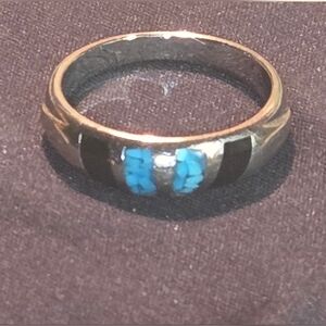 Silver turquoise and black Ring, size seven